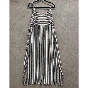 Black and White Stripes V Neck Cami Maxi Dress Pockets Beach‎ Coastal Festival